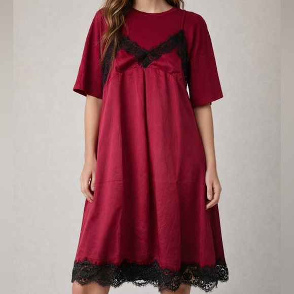 NWT English Factory Red Slip Layered T-shirt Midi Dress XS Oversized Black Lace - Picture 16 of 16